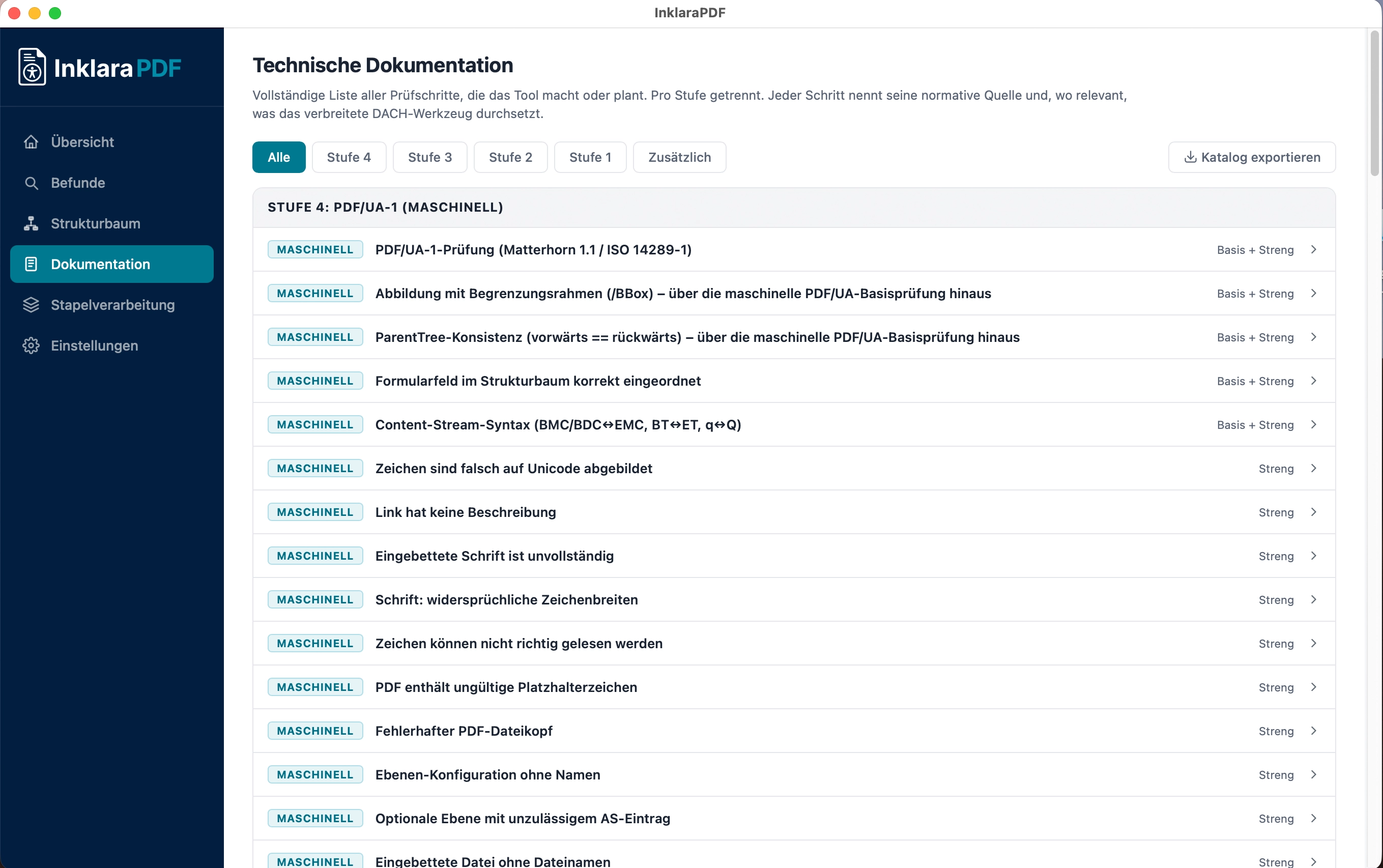InklaraPDF-Dokumentationsansicht: vollständige Liste der Stufe-4-Prüfschritte (PDF/UA-1 maschinell) mit Normreferenz und Belegklasse, darunter der neu hinzugekommene Prüfschritt Content-Stream-Syntax.